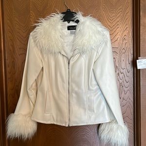 Women’s white leather like jacket with fur accents, size Large
